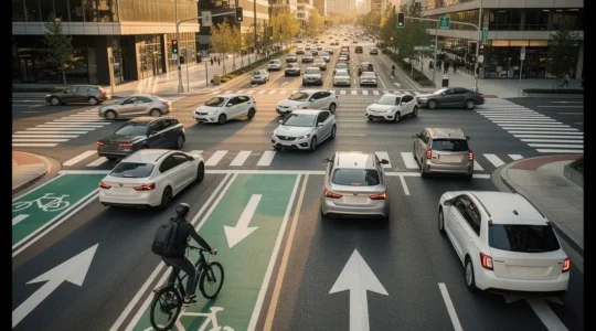 E-bike cyclist safely approaching a complex city intersection with multiple lanes