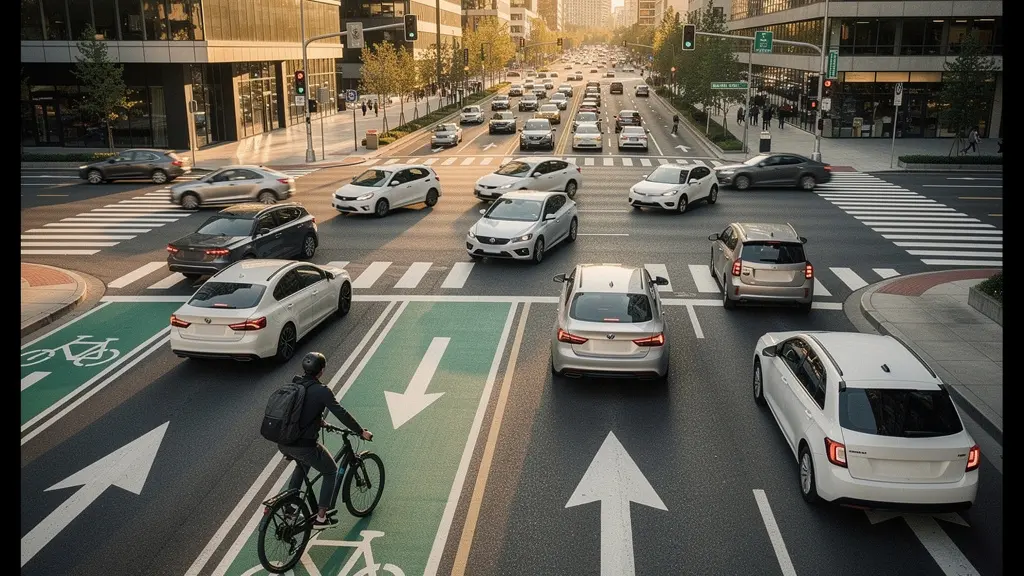 E-bike cyclist safely approaching a complex city intersection with multiple lanes
