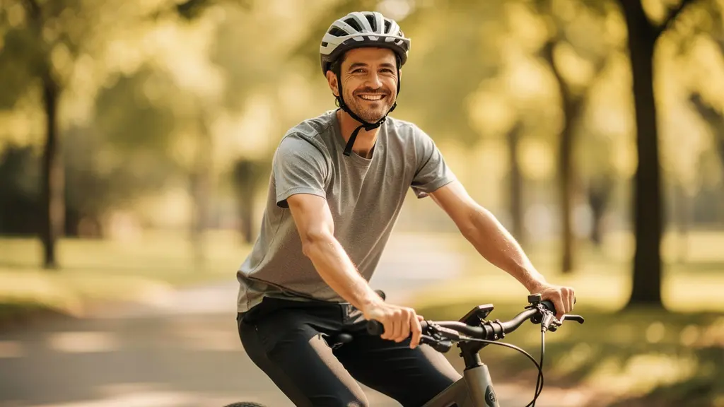 E-bike cyclist maintaining steady pace on scenic rural path during golden hour
