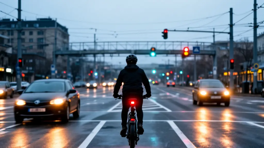Wide shot of a lone cyclist confidently positioned in the center of a traffic lane approaching a complex urban intersection at dusk with vehicles around