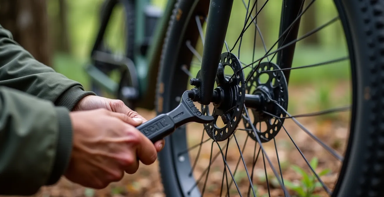 Hands performing spoke replacement on e-bike wheel in outdoor setting