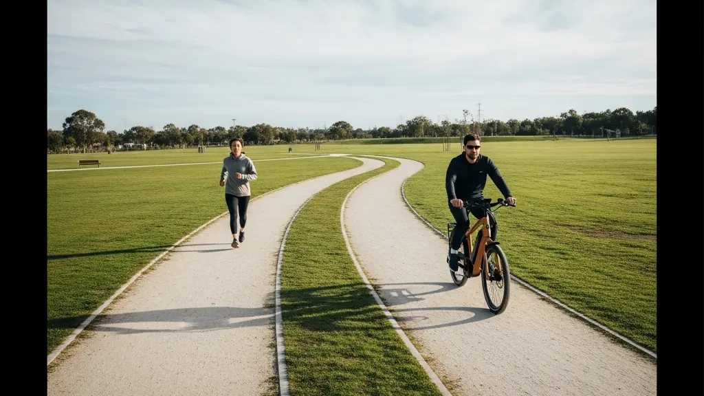 A wide, minimalist scene showing an e-bike rider and a walker on parallel paths in the same park landscape.
