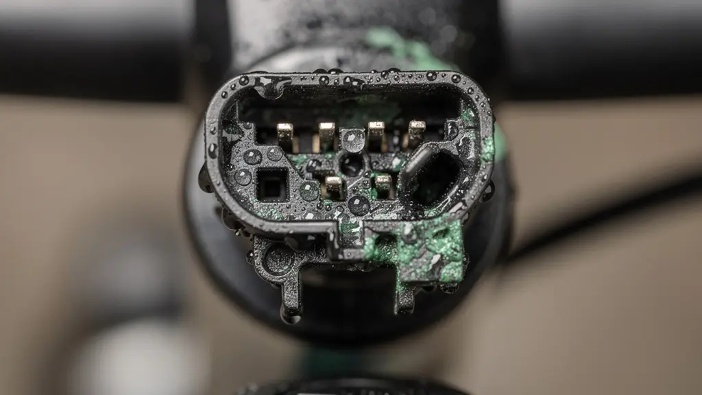 Extreme close-up macro shot of e-bike electrical connector showing water droplets and corrosion patterns