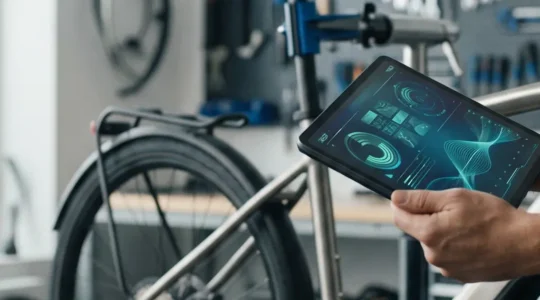 Professional cyclist analyzing e-bike diagnostics on a tablet showing battery health metrics and error codes in a modern workshop setting