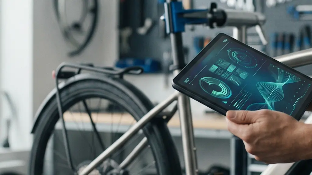 Professional cyclist analyzing e-bike diagnostics on a tablet showing battery health metrics and error codes in a modern workshop setting