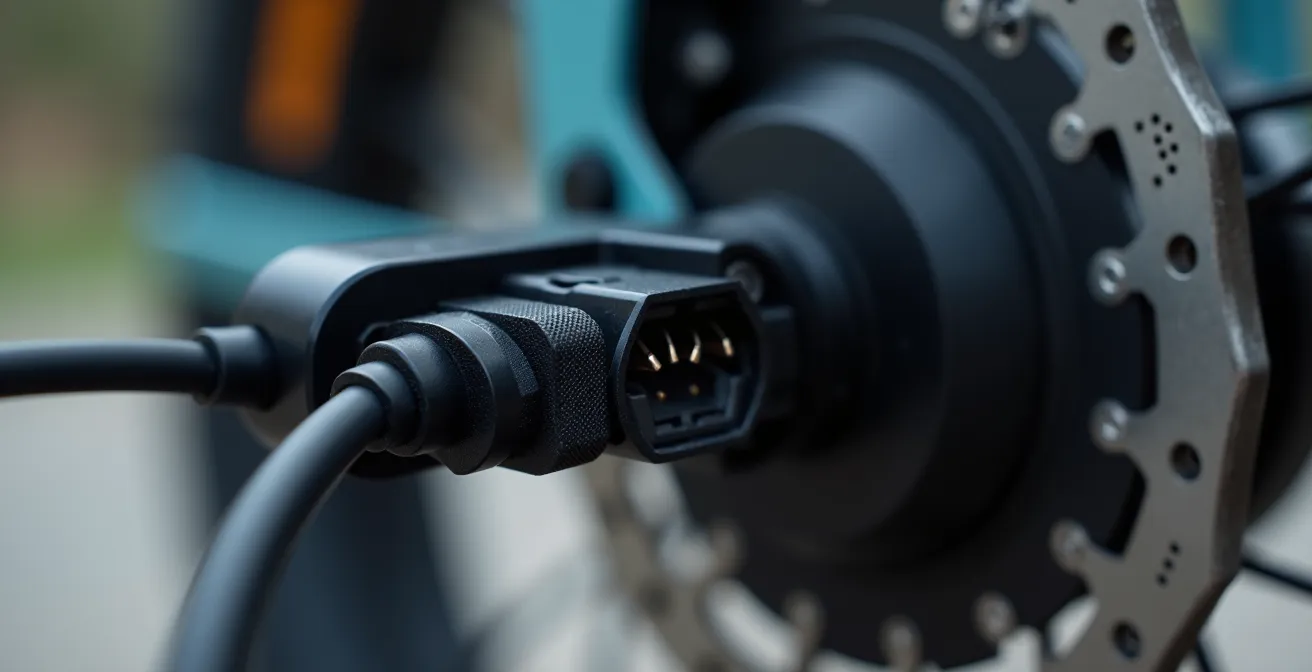 Close-up macro shot of diagnostic tool connection to e-bike motor system