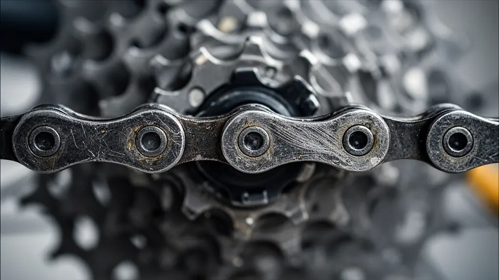 Extreme close-up of e-bike chain and cassette teeth showing wear patterns from high torque loads