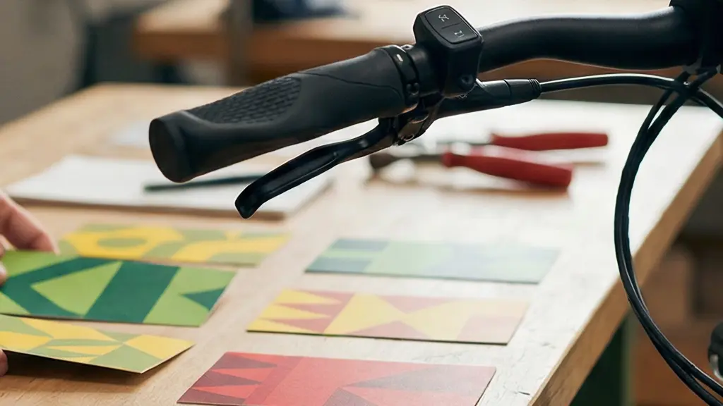 Close-up of hands categorizing colored diagnostic cards next to an e-bike display showing abstract warning symbols