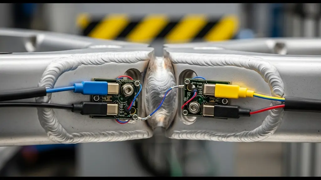 Close-up macro view of e-bike frame joint showing stress testing equipment attached