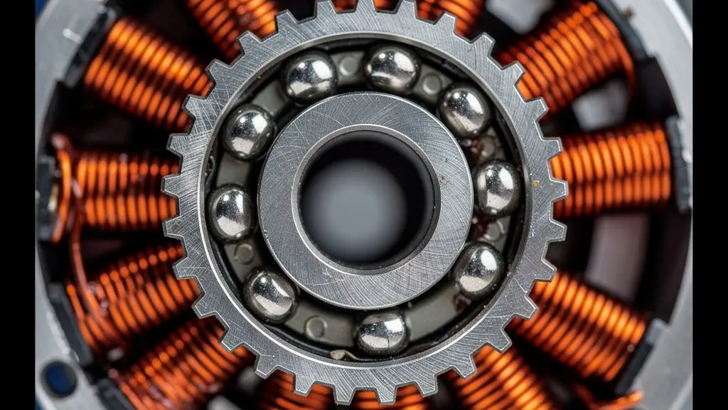 Extreme close-up of electric bike motor internal components showing bearings and gears