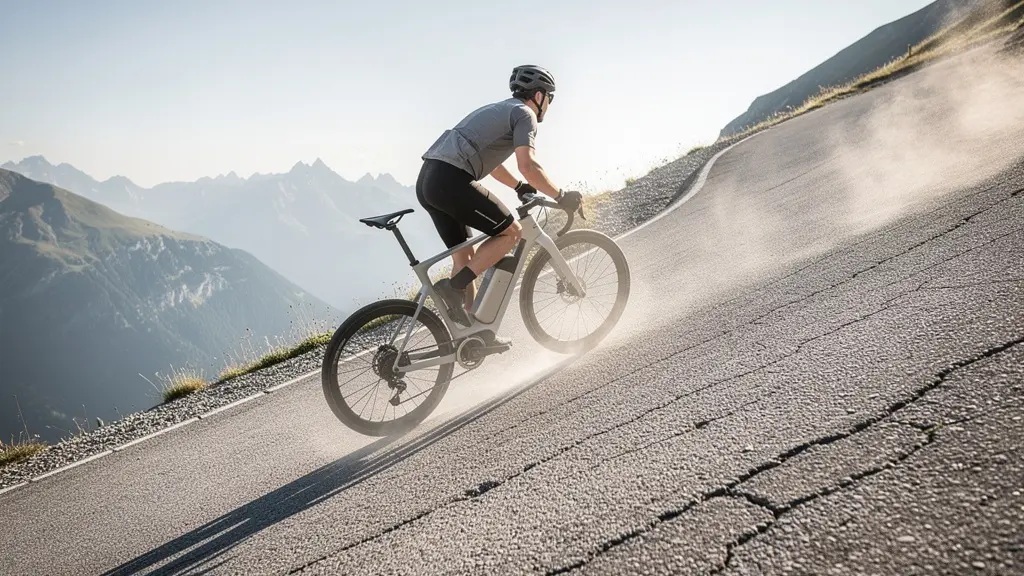 Cyclist testing e-bike motor power on steep gradient with visible heat dissipation effects