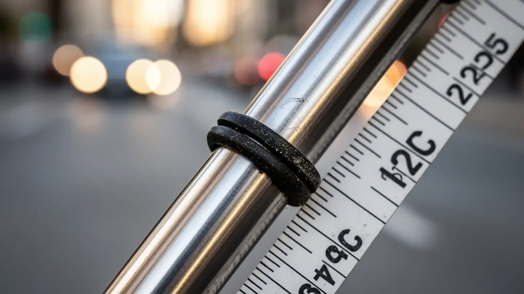 Close-up macro shot of suspension fork O-ring measurement on e-bike