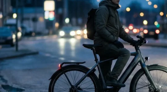 An e-bike rider paused at the roadside at dusk while a police officer stands nearby checking the bike’s safety equipment.
