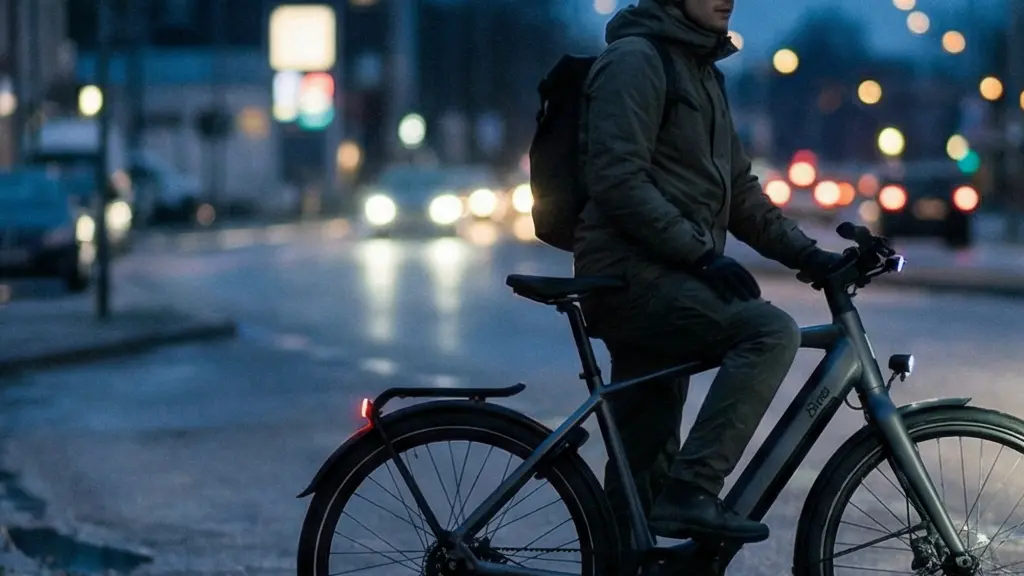 An e-bike rider paused at the roadside at dusk while a police officer stands nearby checking the bike’s safety equipment.