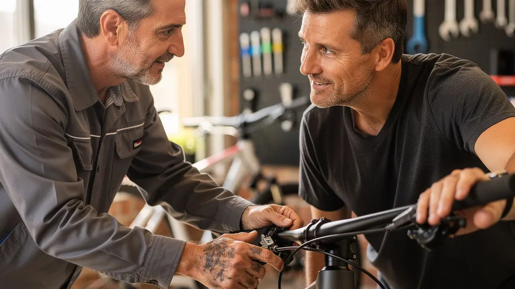 Professional mechanic demonstrating proper e-bike inspection techniques in bike shop