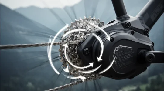 Electric bike motor and drivetrain components showing torque and power dynamics during hill climbing