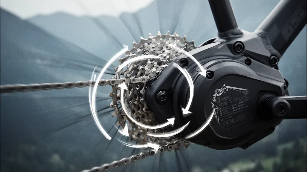 Electric bike motor and drivetrain components showing torque and power dynamics during hill climbing