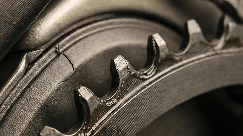 Macro close-up of a pedal-assist e-bike crank and sensor area showing textured metal, chain, and motor housing details.