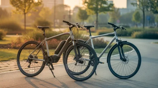 An e-bike and a traditional bicycle staged side by side in soft natural light, with clean negative space for an editorial headline.
