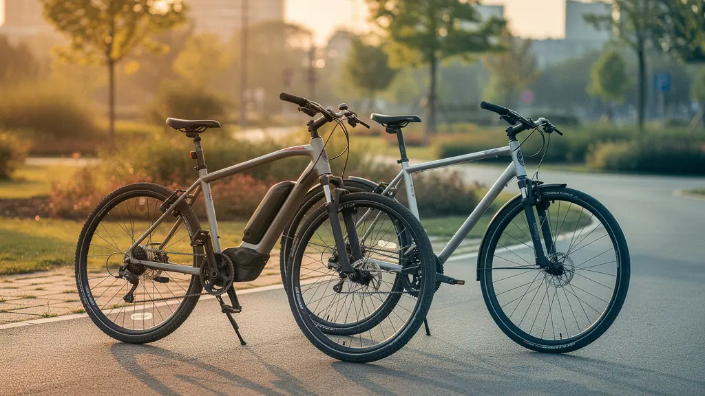 An e-bike and a traditional bicycle staged side by side in soft natural light, with clean negative space for an editorial headline.
