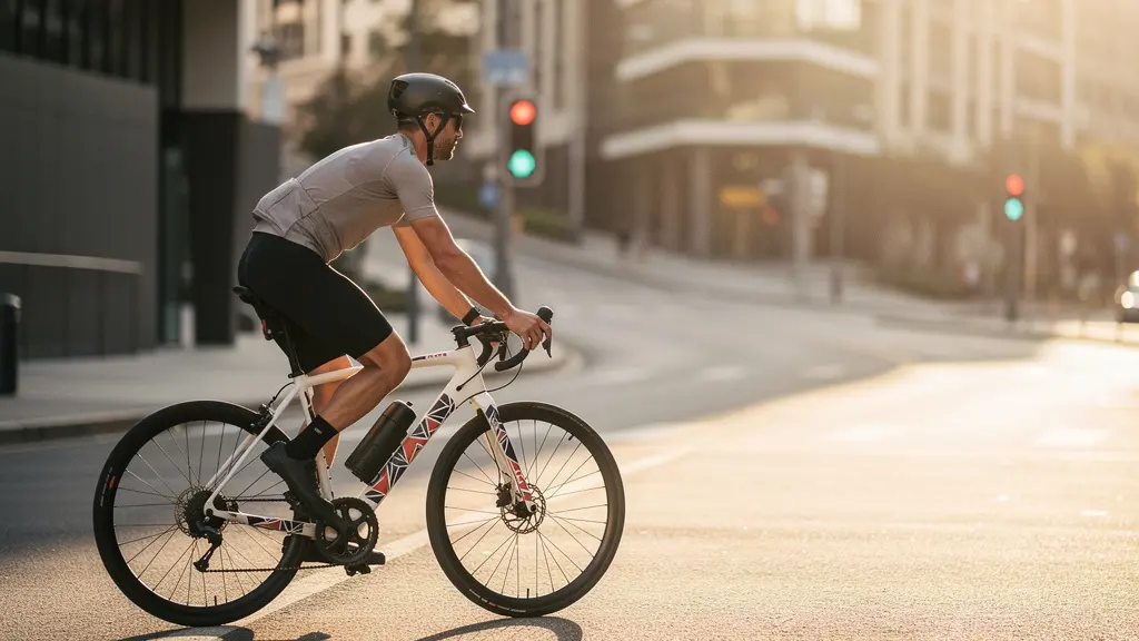 E-bike rider using momentum coasting technique on urban street with battery level indicator visible