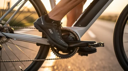 Electric bike rider maintaining optimal cadence with battery indicator and efficiency metrics visualization