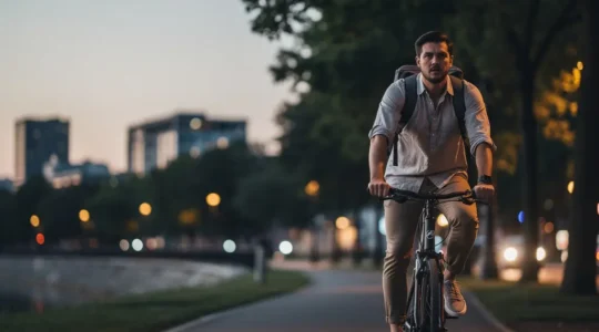 A relaxed cyclist riding home at dusk on a quiet bike path, with soft city lights and ample open space for an editorial headline.