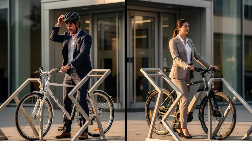 Split scene showing tired traditional cyclist and refreshed e-bike commuter