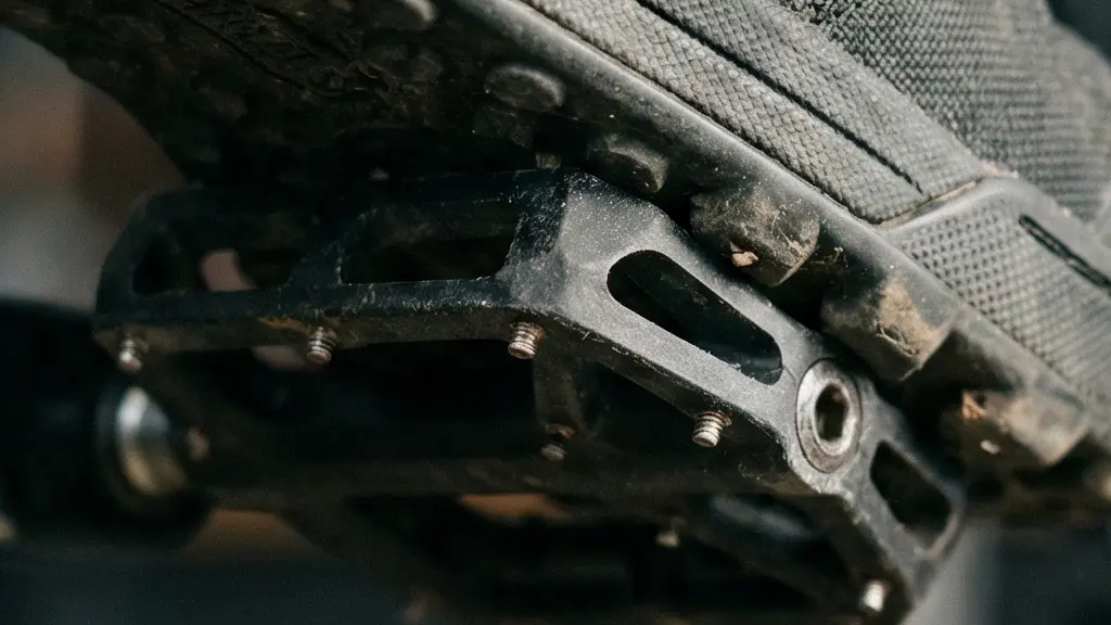 Macro close-up of a brandless shoe placed mid-foot on a wide flat bike pedal, showing stable contact and subtle rotational freedom.