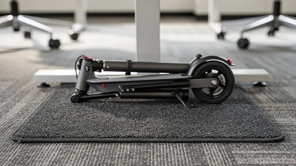 Compact folded electric scooter stored neatly under modern office desk with waterproof mat