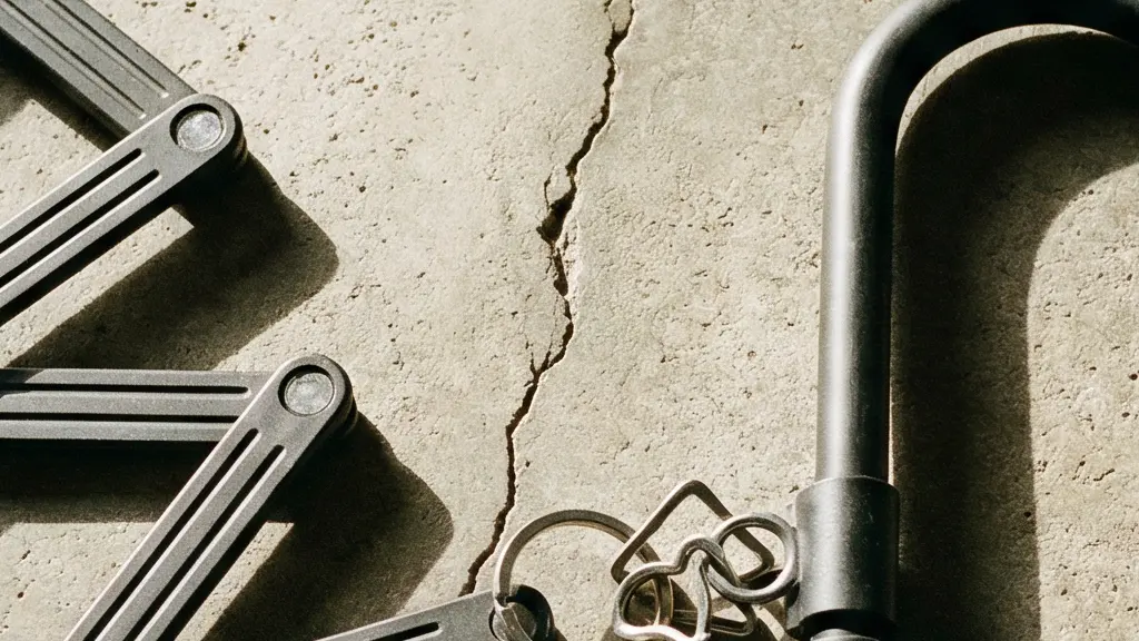 A symbolic still life comparing a folding lock and a D-lock side by side on a concrete surface near a bike wheel, illustrating the security trade-off.