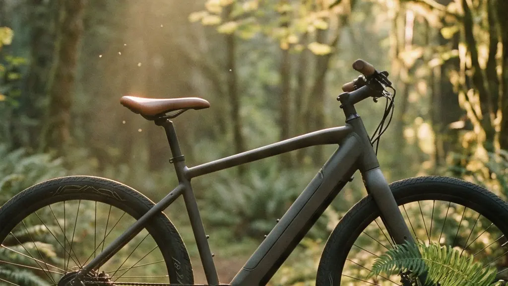 An e-bike parked on a sunlit forest trail with ferns and dappled light filtering through a tree canopy, evoking the concept of forest bathing combined with cycling.