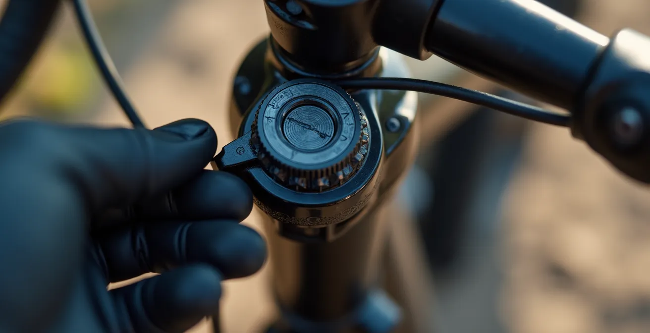 Close-up of suspension fork rebound adjuster during curb test setup