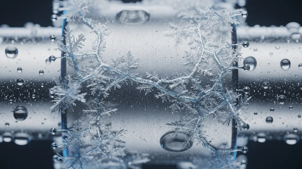Extreme close-up of frost crystals forming on a metallic battery connector surface, with shallow depth of field revealing ice texture details.