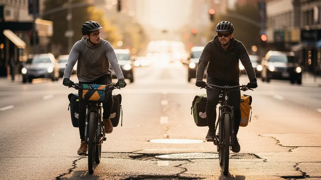 Split view of two commuter cyclists on city street, one with full suspension e-bike, one with hardtail