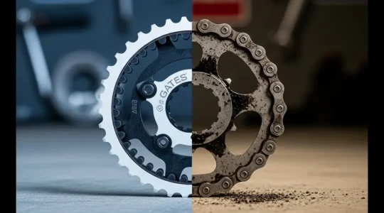 Close-up comparison of a carbon belt drive and a traditional bike chain side by side on a bicycle frame
