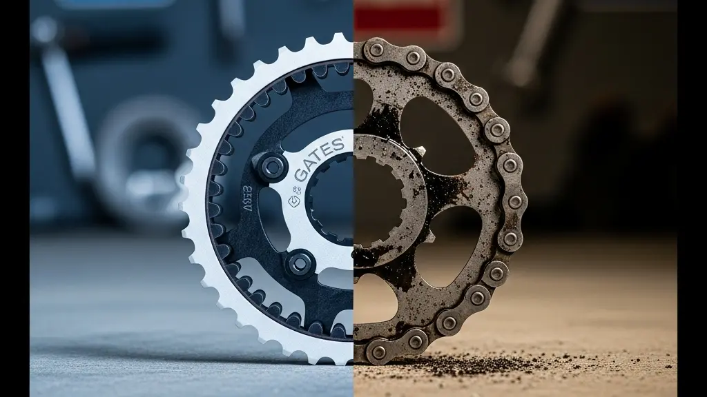 Close-up comparison of a carbon belt drive and a traditional bike chain side by side on a bicycle frame