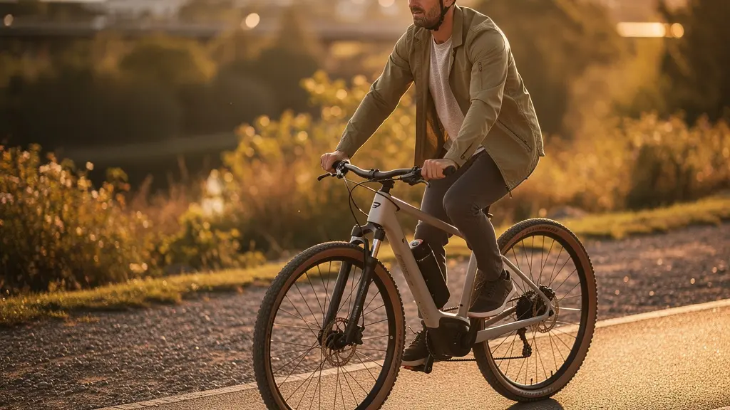 Cyclist on gravel e-bike navigating mixed urban terrain at sunrise