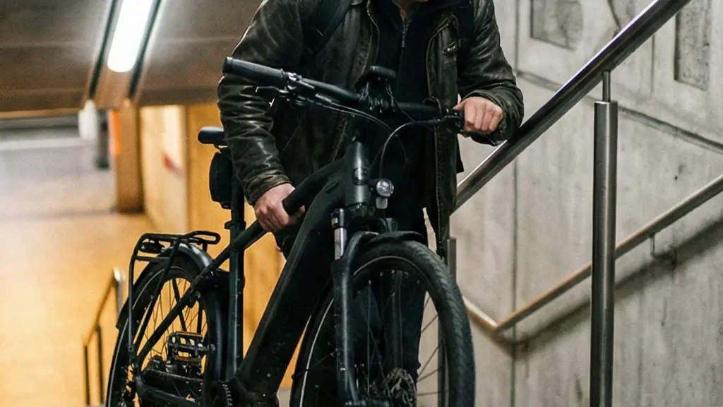 A commuter carefully lowering a heavy e-bike down a concrete staircase in a dimly lit train station, demonstrating the physical challenge of elevator outages.