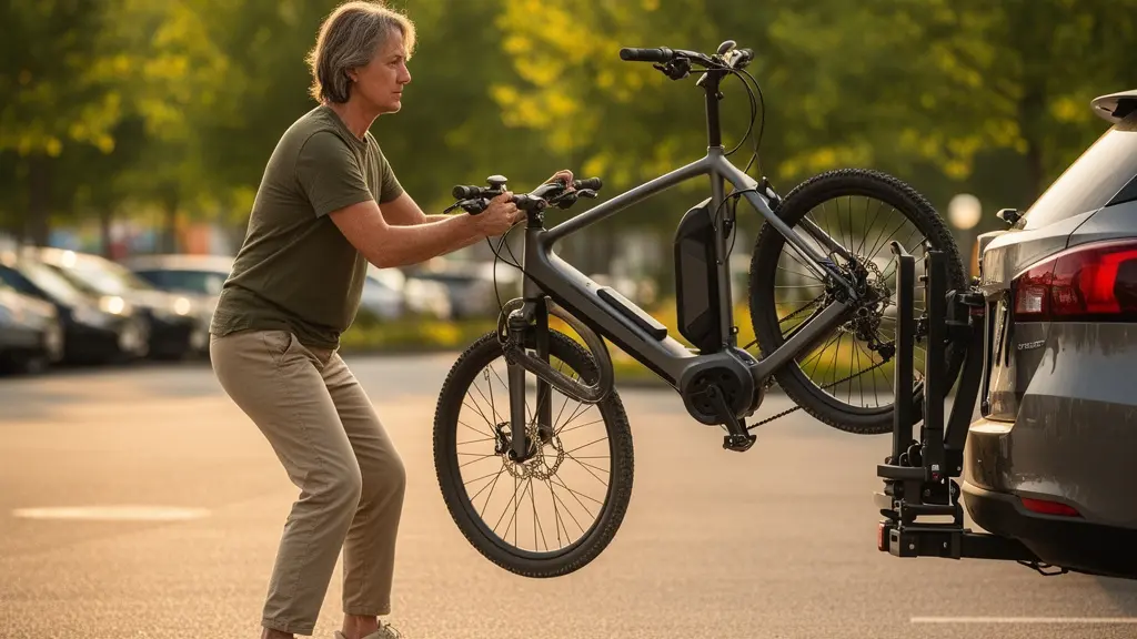 Person loading a heavy e-bike onto a car rack using proper lifting technique