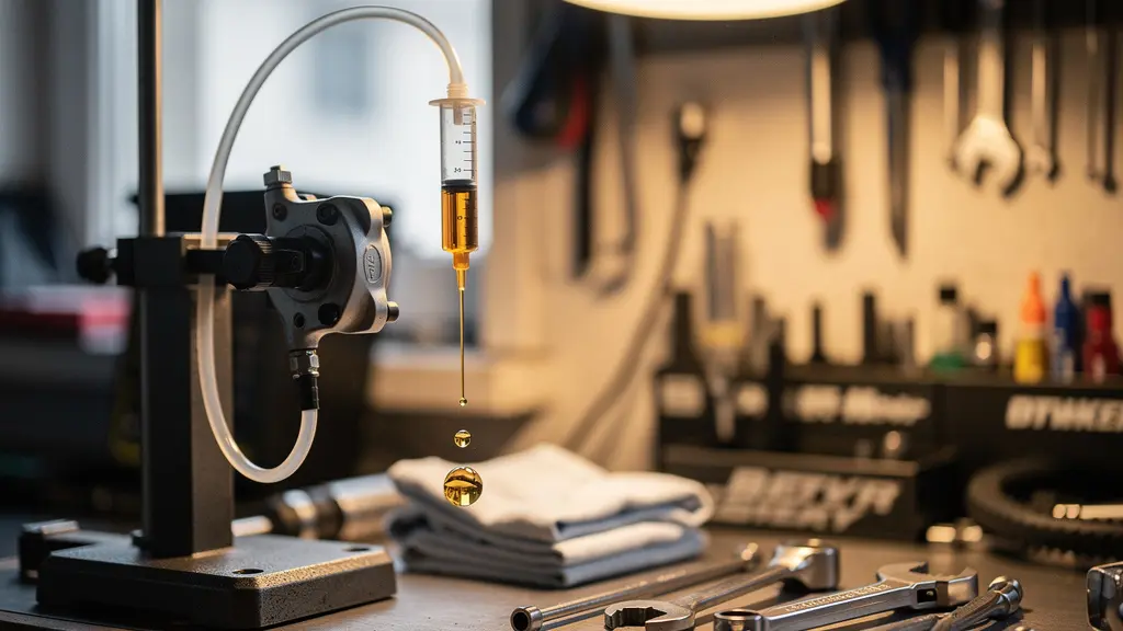 Close-up of a hydraulic bicycle brake lever with a bleed syringe attached in a professional bike workshop, showing mineral oil fluid and tools on a clean workbench.