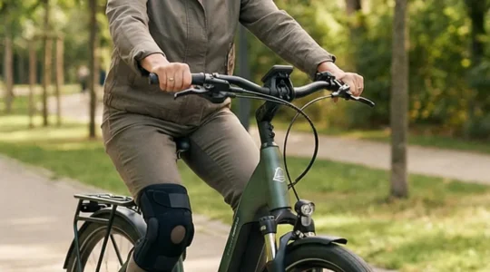 Older adult riding a step-through e-bike on a smooth path, with relaxed posture and visible knee support, suggesting gentle arthritis-friendly rehabilitation.
