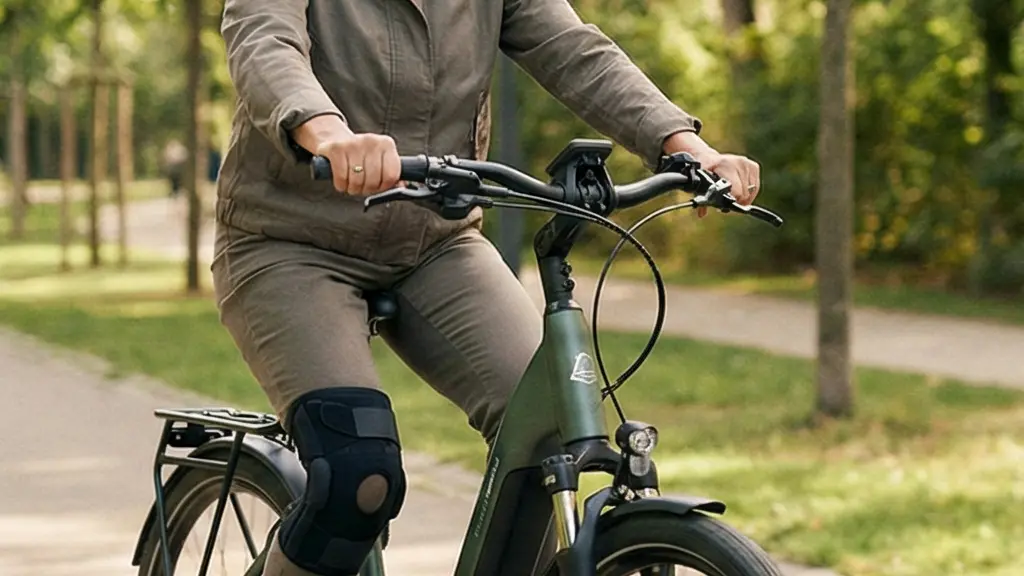 Older adult riding a step-through e-bike on a smooth path, with relaxed posture and visible knee support, suggesting gentle arthritis-friendly rehabilitation.