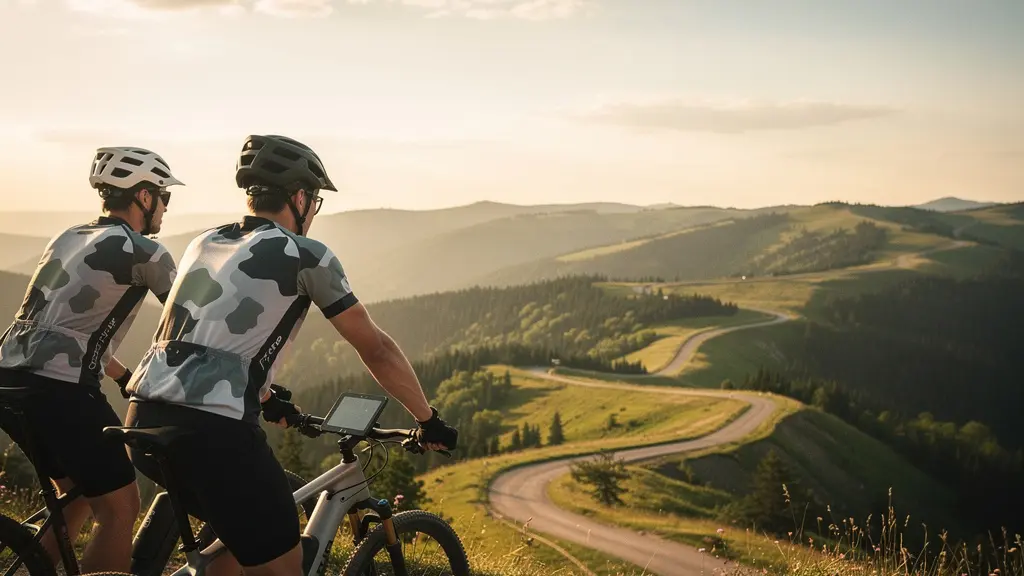 Split-screen view showing two cyclists using Komoot and Strava apps on their e-bikes while touring on a scenic mountain trail