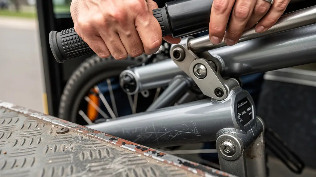Close-up demonstration of hands maneuvering folded e-bike onto bus step