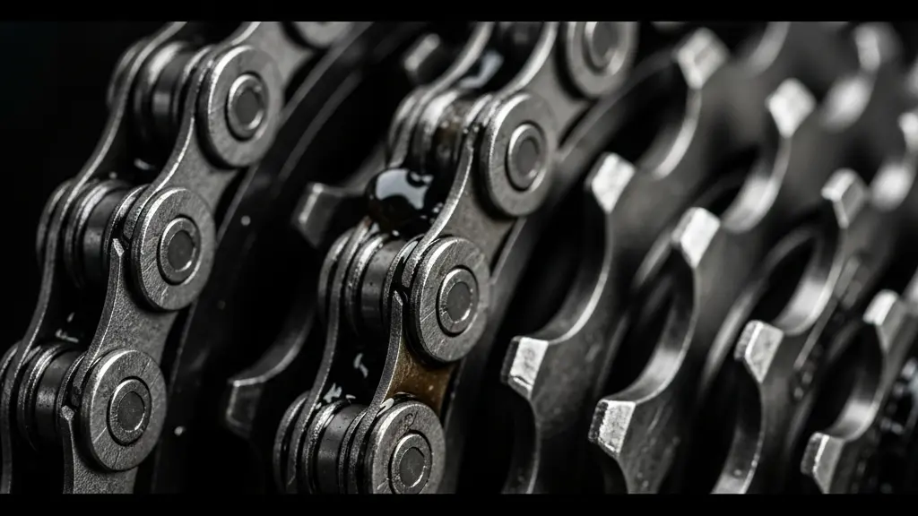 Extreme close-up macro photography of a bicycle chain and cassette teeth showing signs of metallic wear.