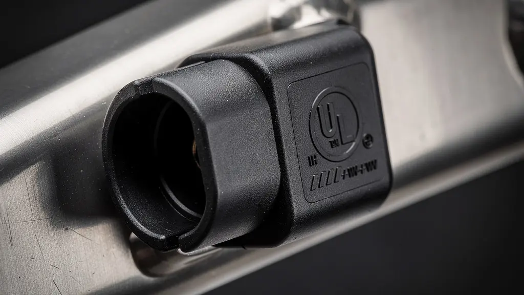 Extreme close-up of a high-tech e-bike lithium battery charging port connected to a cable, highlighting the safety certification textures.