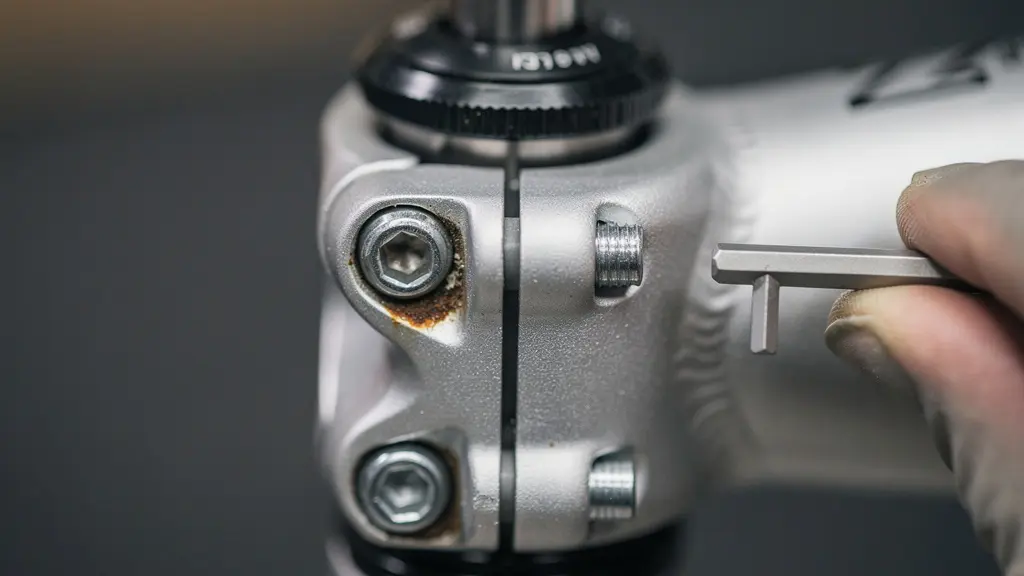 Macro close-up of bicycle stem pinch bolts and steerer interface showing subtle corrosion and tool-ready hardware details.