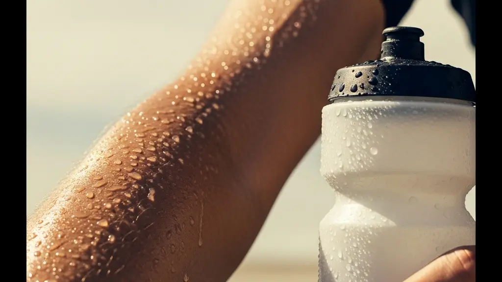 Macro close-up of sweat beads on a cyclist’s forearm beside condensation on a plain water bottle.