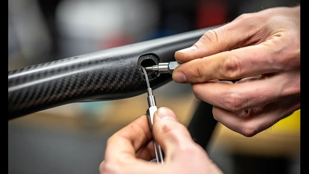Bike mechanic threading cables through integrated handlebar system
